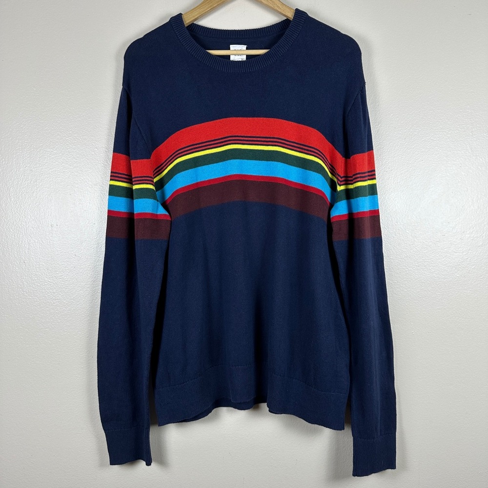 GAP Men's L Sweater Navy Blue Crazy Stripe Placed Multicolor Preppy 90s